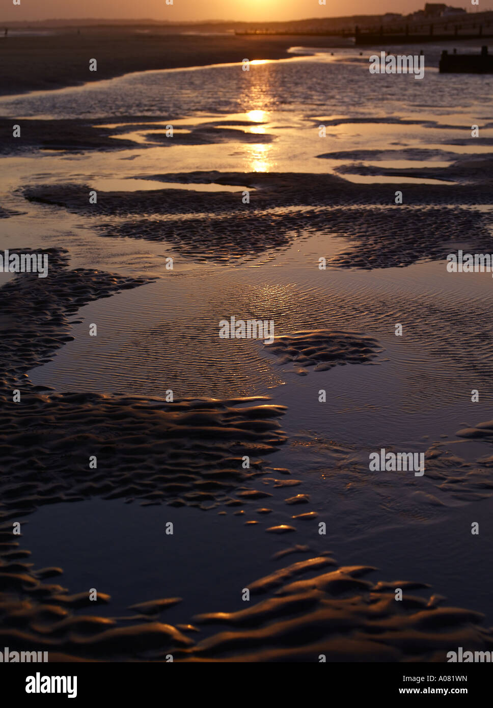 Sonnenuntergang Camber Sands Stockfoto