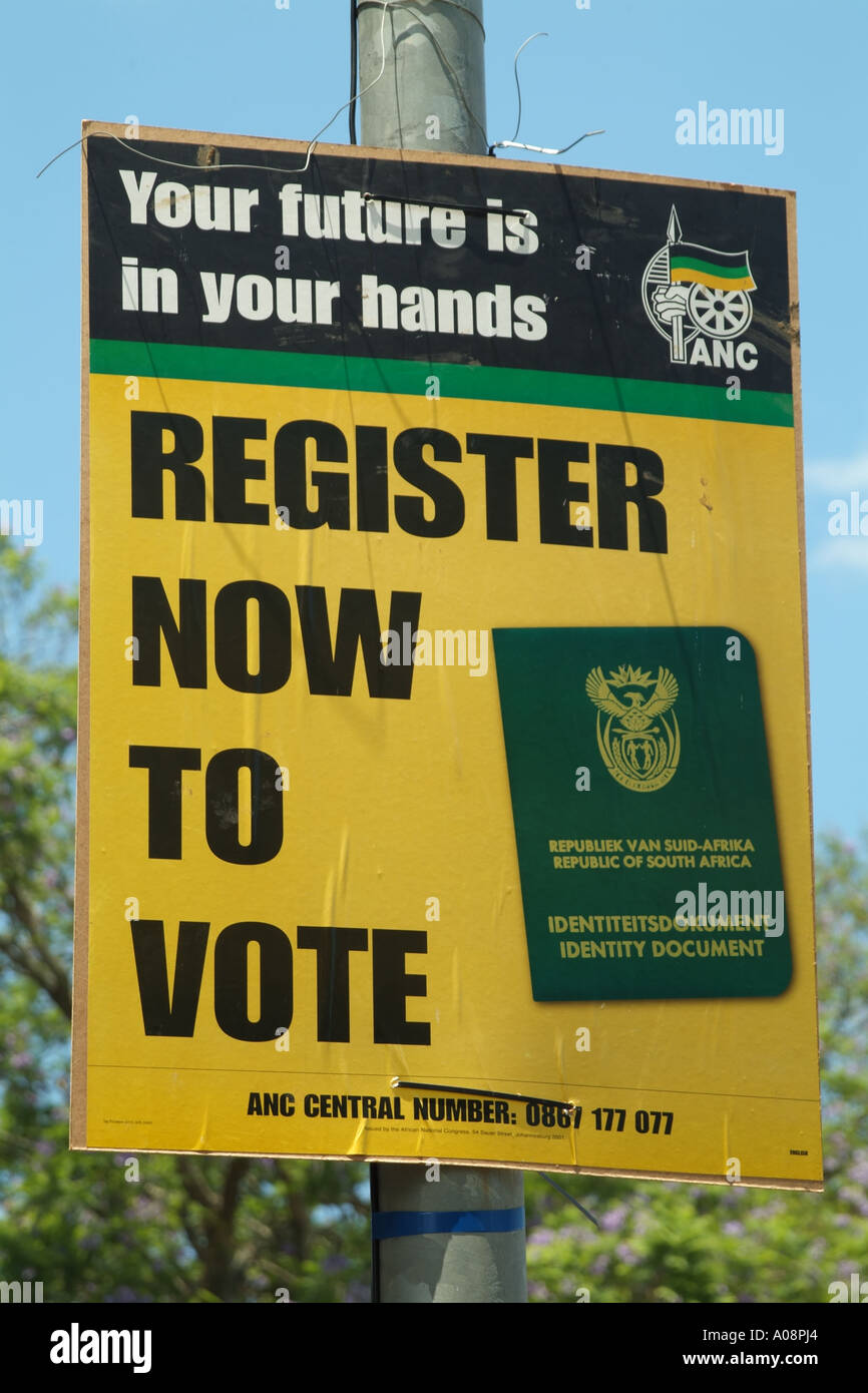 ANC registrieren Sie sich jetzt Plakat Südafrika RSA Wahlen stimmen Stockfoto