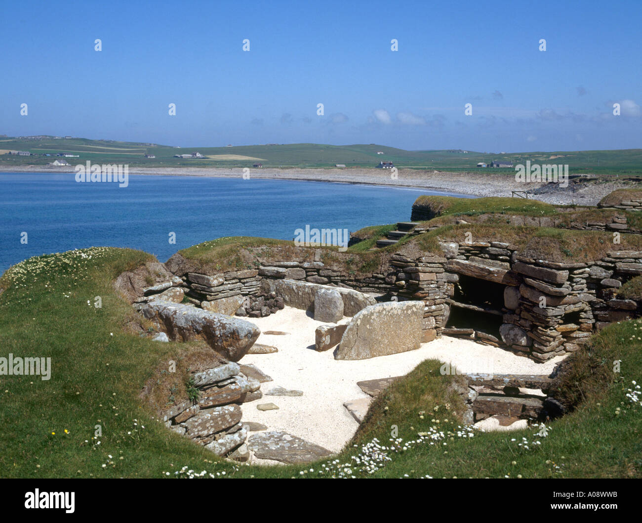 dh Bay of Skaill SKARA BRAE ORKNEY prähistorisches neolithisches Dorf Siedlung Steinhaus Raum Werkstatt Ruinen schottland Bronzezeit Archäologie Aushub Stockfoto