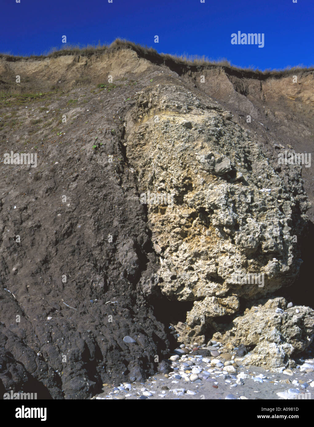 Magnesiumhaltiger Kalksteinfelsen über gelegen mit Boulder Ton, Seaham, Durham Küste, England, UK. Stockfoto
