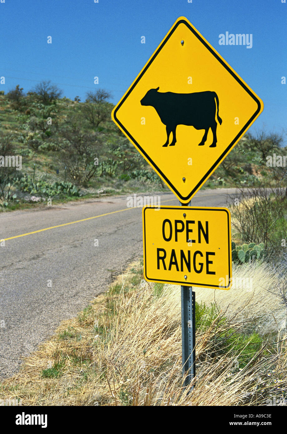 OPEN RANGE Rinder Straßenschild mit Kuh-Grafik Stockfoto