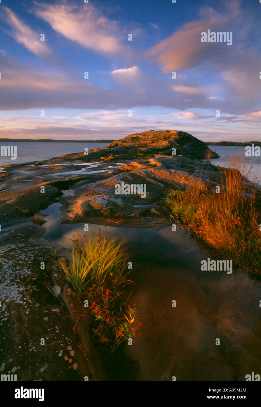 Herbst am Abend auf der Insel im See Brattholmen Vansjø in Østfold, Norwegen. Vansjø ist ein Teil des Wassers, das System namens Morsavassdraget. Stockfoto