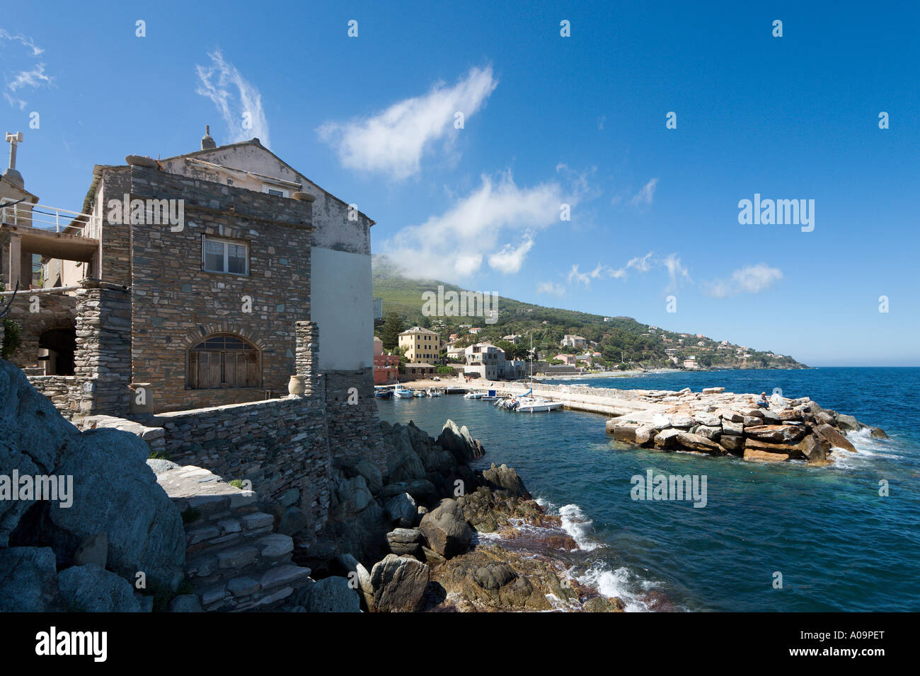 Direkt am Meer und Hafen von Erbalunga, Cap Corse, Korsika, Frankreich Stockfoto