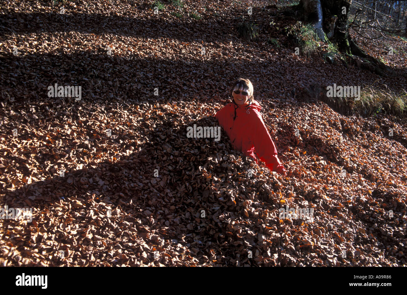 Frau stehend Taille tief gefallenen Buche Baumblätter, die Schweiz Modell veröffentlicht Stockfoto