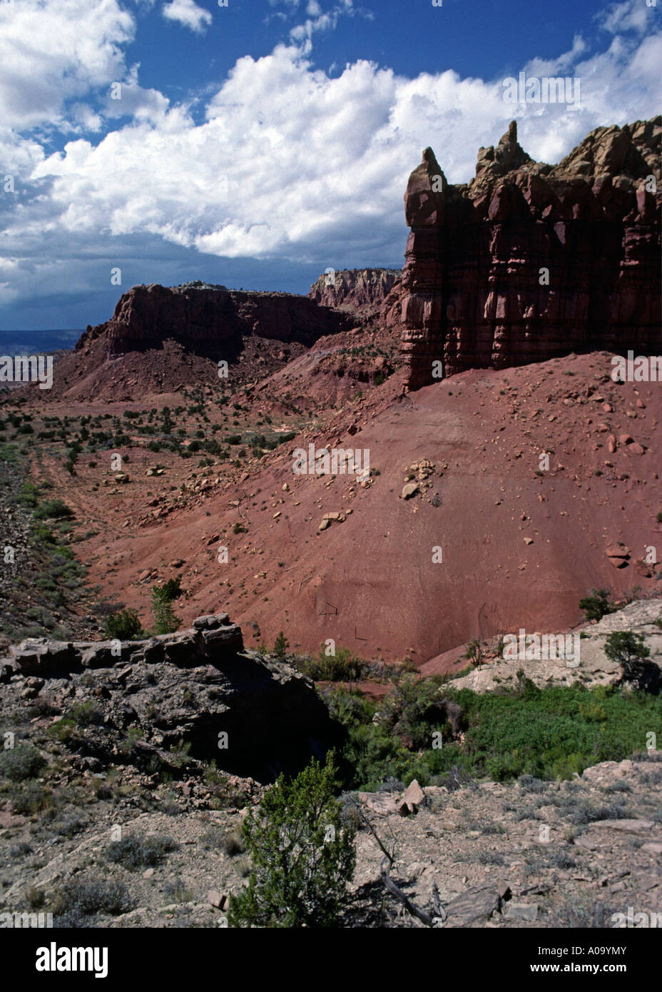 Rote Klippen Gewitterwolken machen eine schöne Landschaft auf der GHOST RANCH ABAQUIU neuen Mexiko Stockfoto