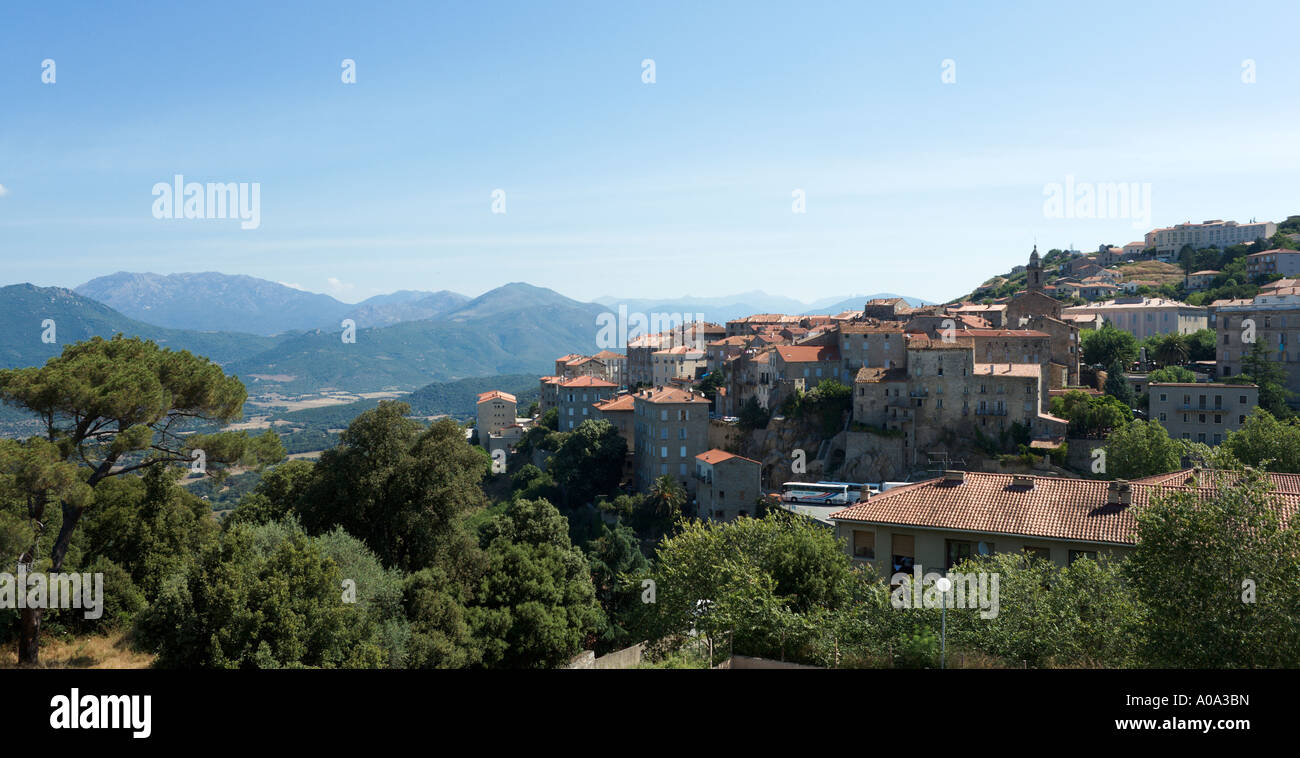 Panoramablick auf den Berg Stadt von Sartène, Region Alta Rocca, Korsika, Frankreich Stockfoto