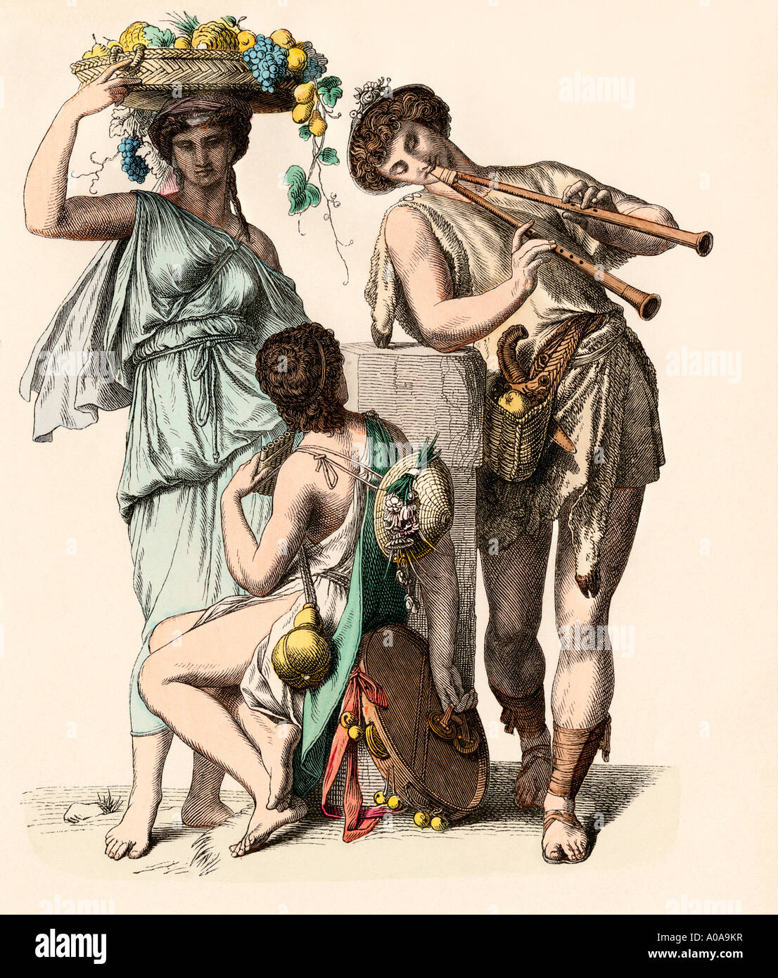 Priester des Bacchus spielen seine Pfeifen für junge Frauen im antiken Griechenland. Hand-farbig drucken Stockfoto