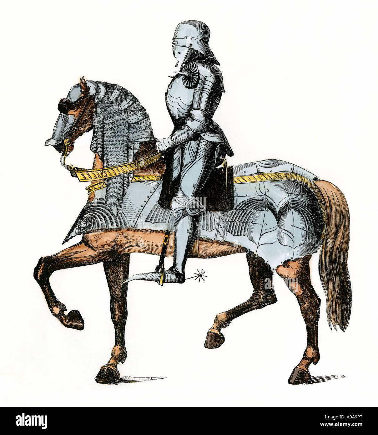 Ritter Bewaffnet und bereit für den Kampf montiert. Hand - farbige Holzschnitt Stockfoto