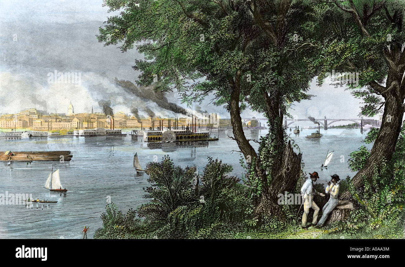 Stadt St. Louis gesehen von der Mississippi River Shore 1870. Handcolorierte Stahlstich Stockfoto