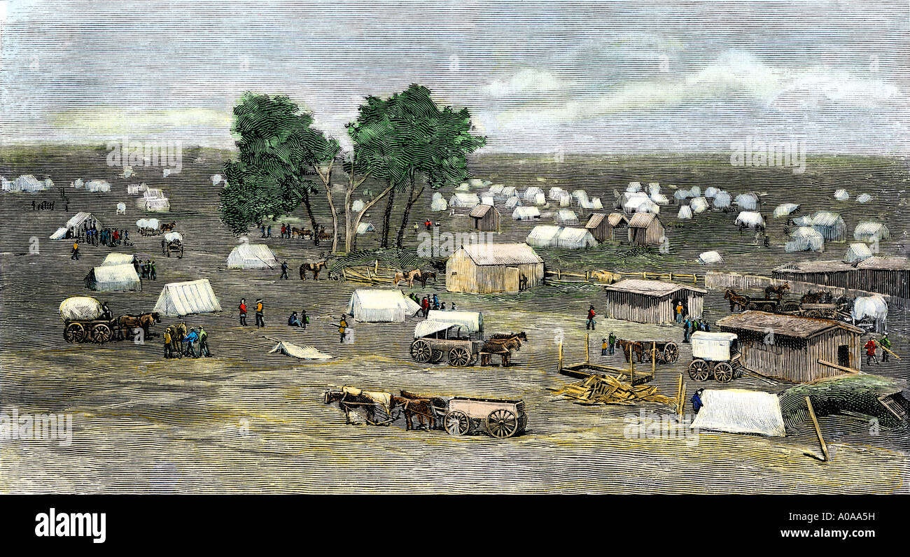Gründung von Oklahoma City während der "Land Rush von 1889. Hand - farbige Holzschnitt Stockfoto