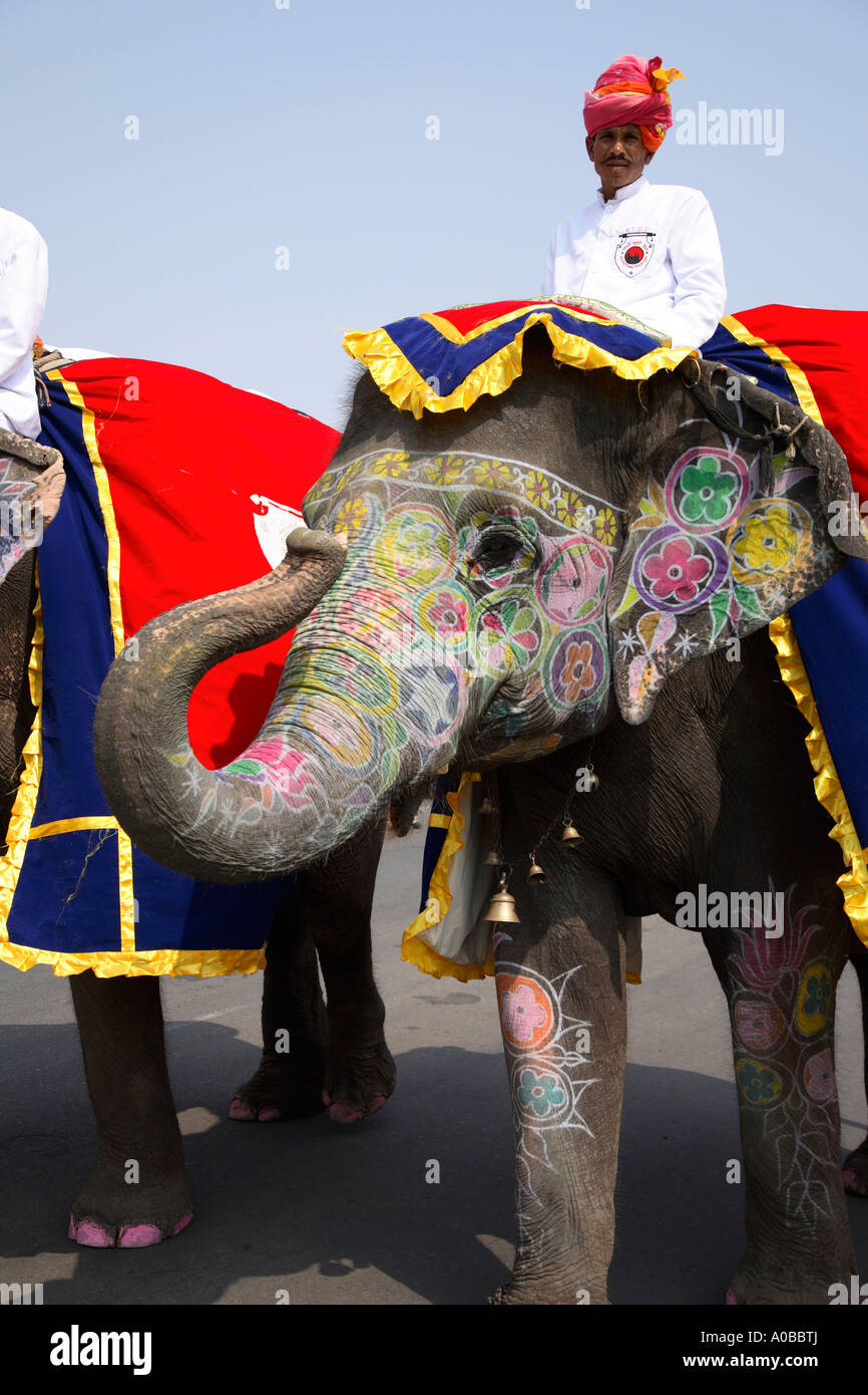 Dekoriert Elefanten geritten von Ihren mahout Handler während der Elefant Festival in Jaipur, Indien Stockfoto