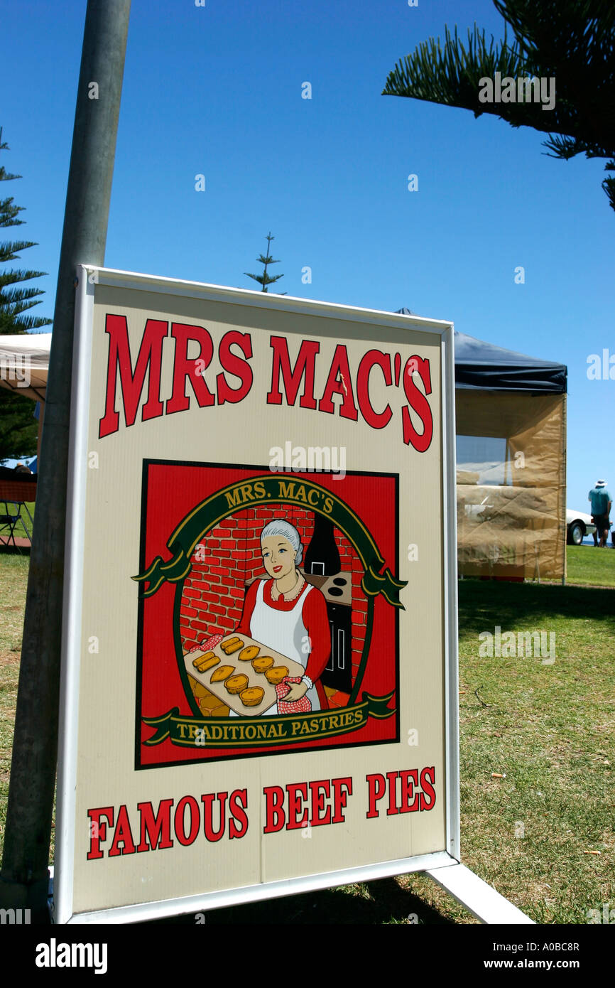 Zeichen Werbung Frau Macs Torten, Busselton Western Australia. Stockfoto