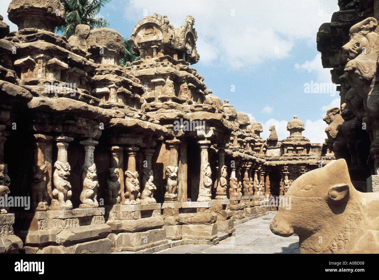 Blick auf den Kailasanatha-Tempel vom linken Innenhof. Kanchipuram (Coonjeevaram), Tamil Nadu, Indien. Datiert: 725 n. Chr. Stockfoto