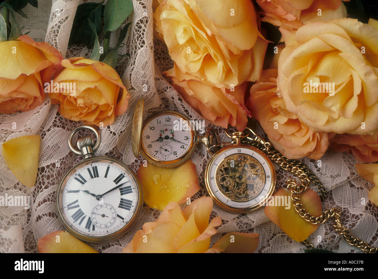 Drei Taschenuhren und gelbe Rosen Stockfoto