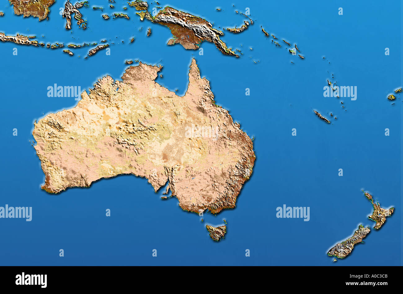 Satellitenbild von Australien und Neuseeland mit schattigen topographische relief Stockfoto