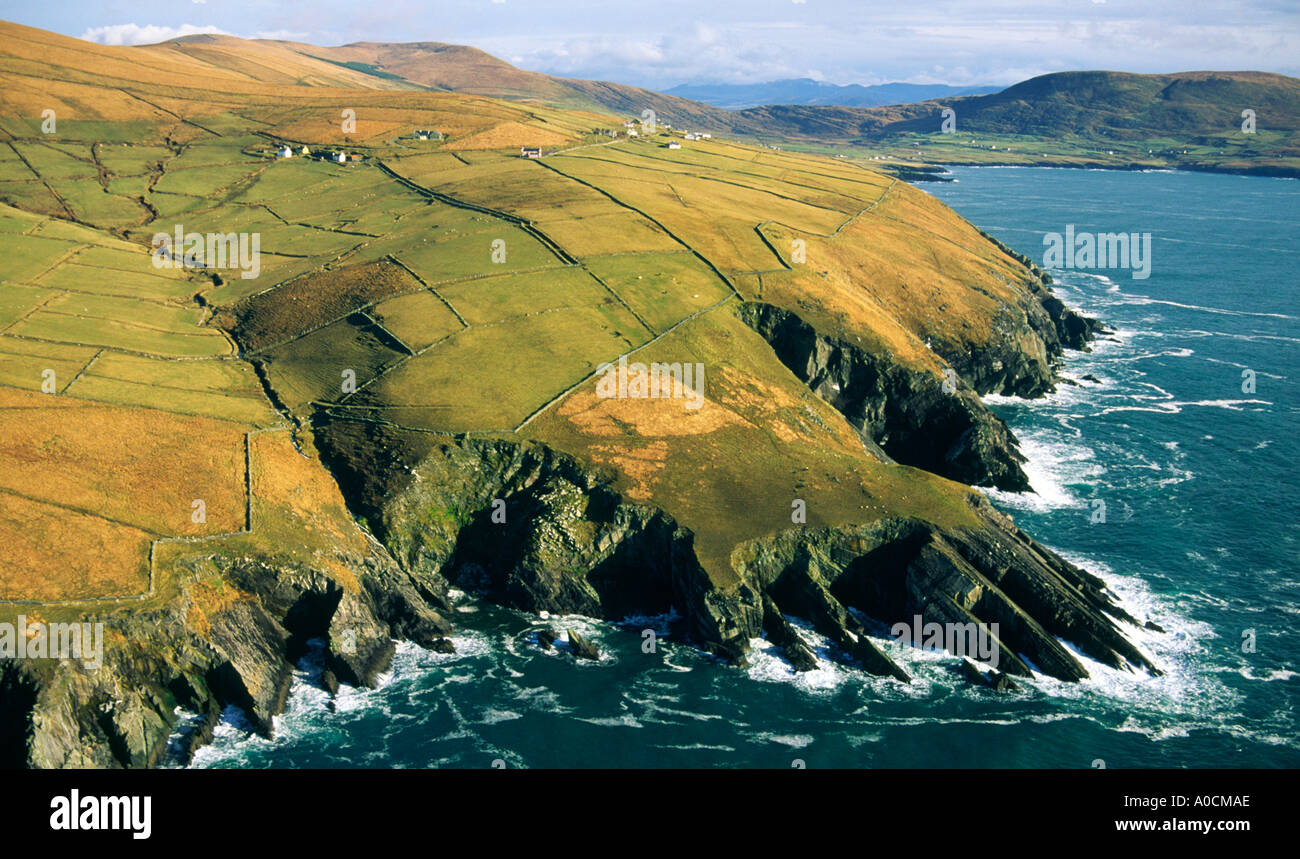 Landzungen Klippen und Bauernhöfe auf St Finans Bucht am westlichen Ende der Halbinsel Iveragh, County Kerry, Irland. Stockfoto