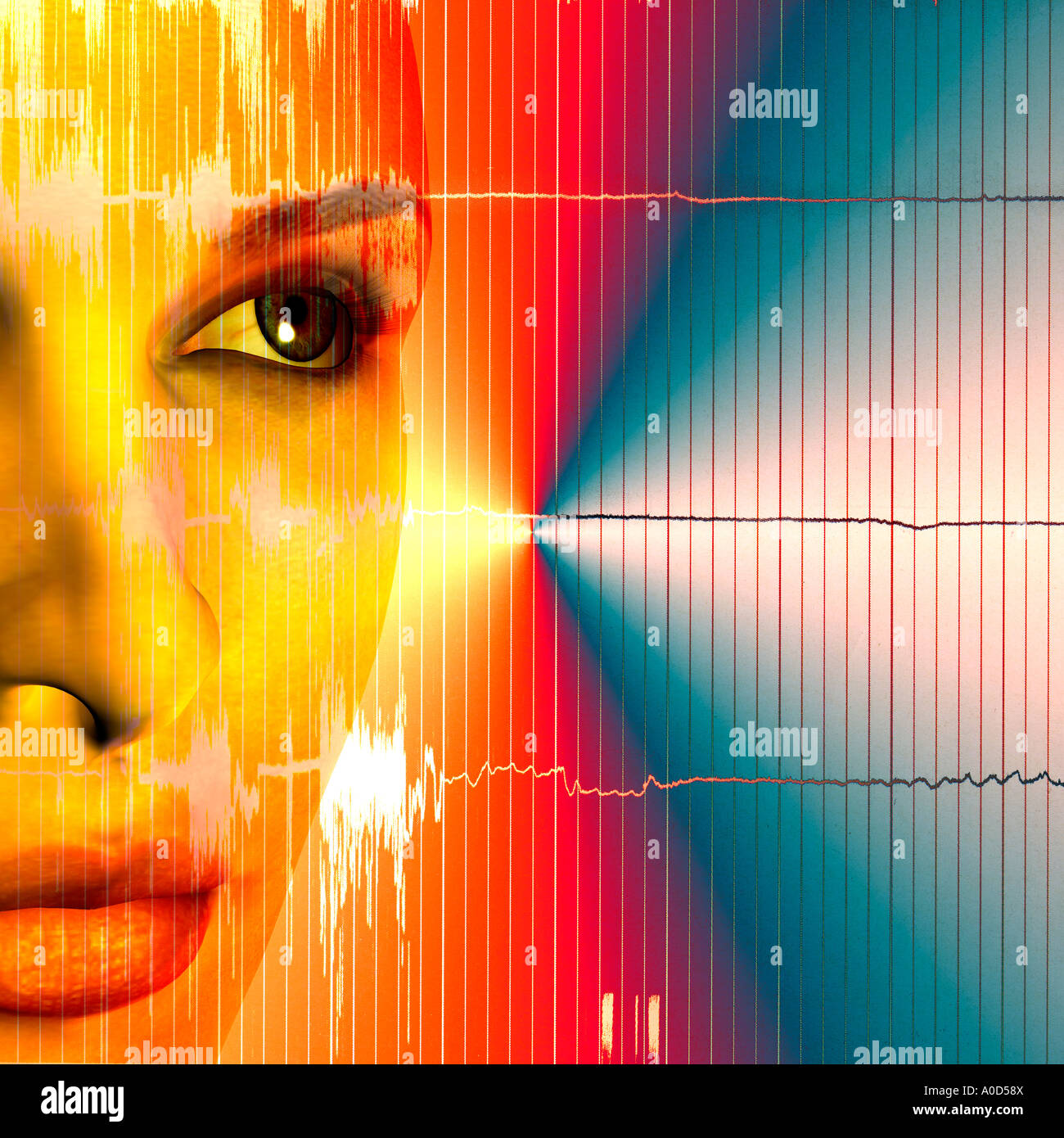 3D Computer generierte weibliche Roboter Gesicht Compositing auf Diagramm der digitale Sound-Schallwellen am Computer-Bildschirm Stockfoto