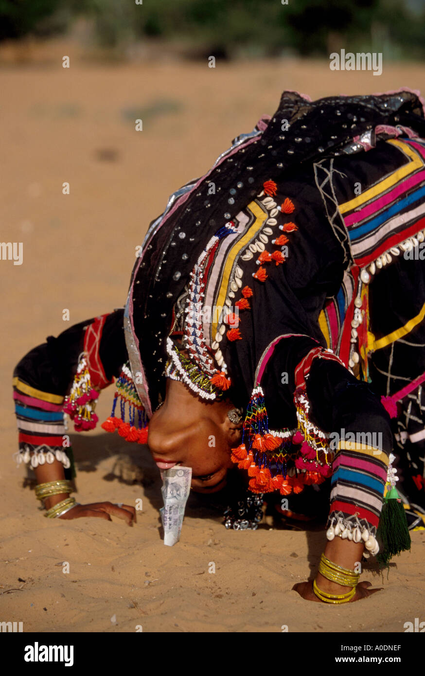 Kalbeliya Zigeuner traditionelle Tänzer und Schlangenbeschwörer nomadischen Ureinwohner indischen Pushkar Rajasthan Wüste Stockfoto