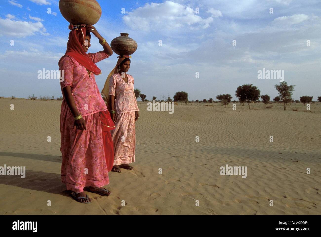 Bhil indigene Frauen Wasser Krüge auf ihren Köpfen tragen Wüste überleben Rajasthan Indien Stockfoto