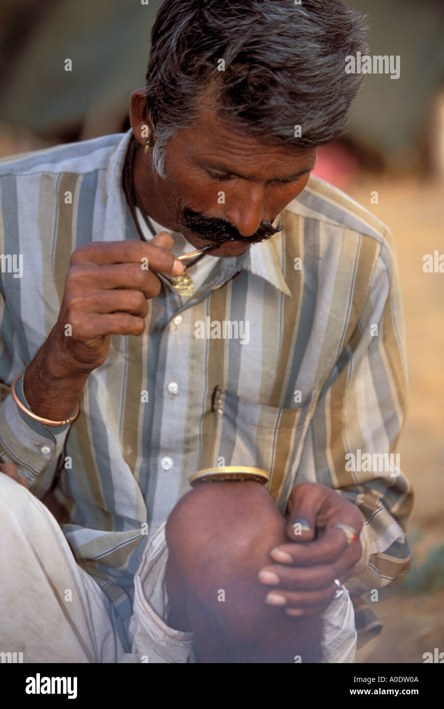 Ein Bopa Zigeuner Mann färbt seinen Schnurrbart schwarz für die Pushkar kulturelle Festival indigenen Stämmen von Rajasthan Indien Stockfoto