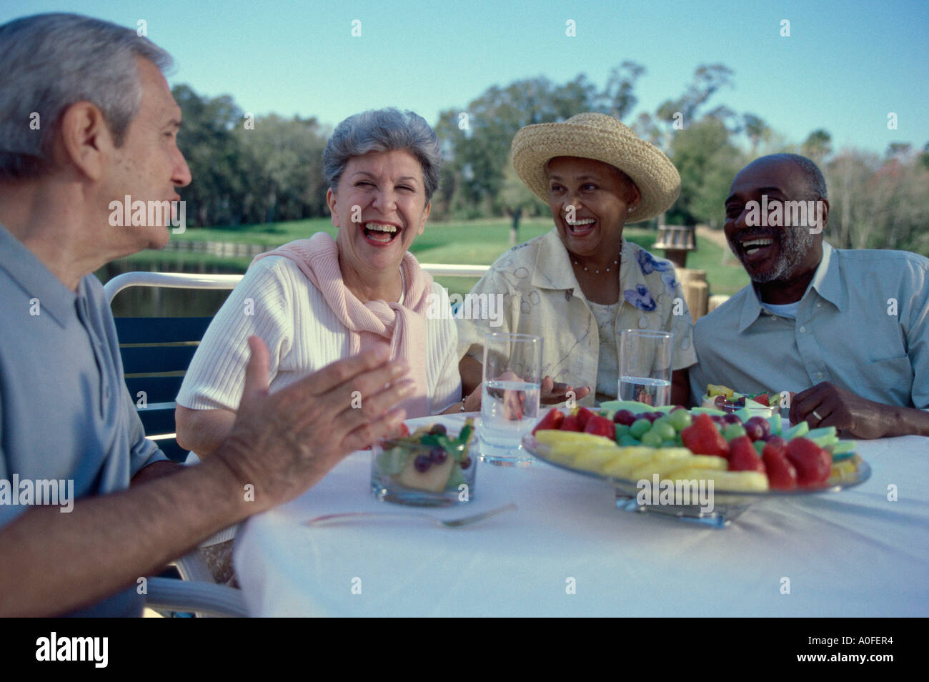 Zwei ältere Ehepaare, die an einen Tisch reden sitzen Stockfoto