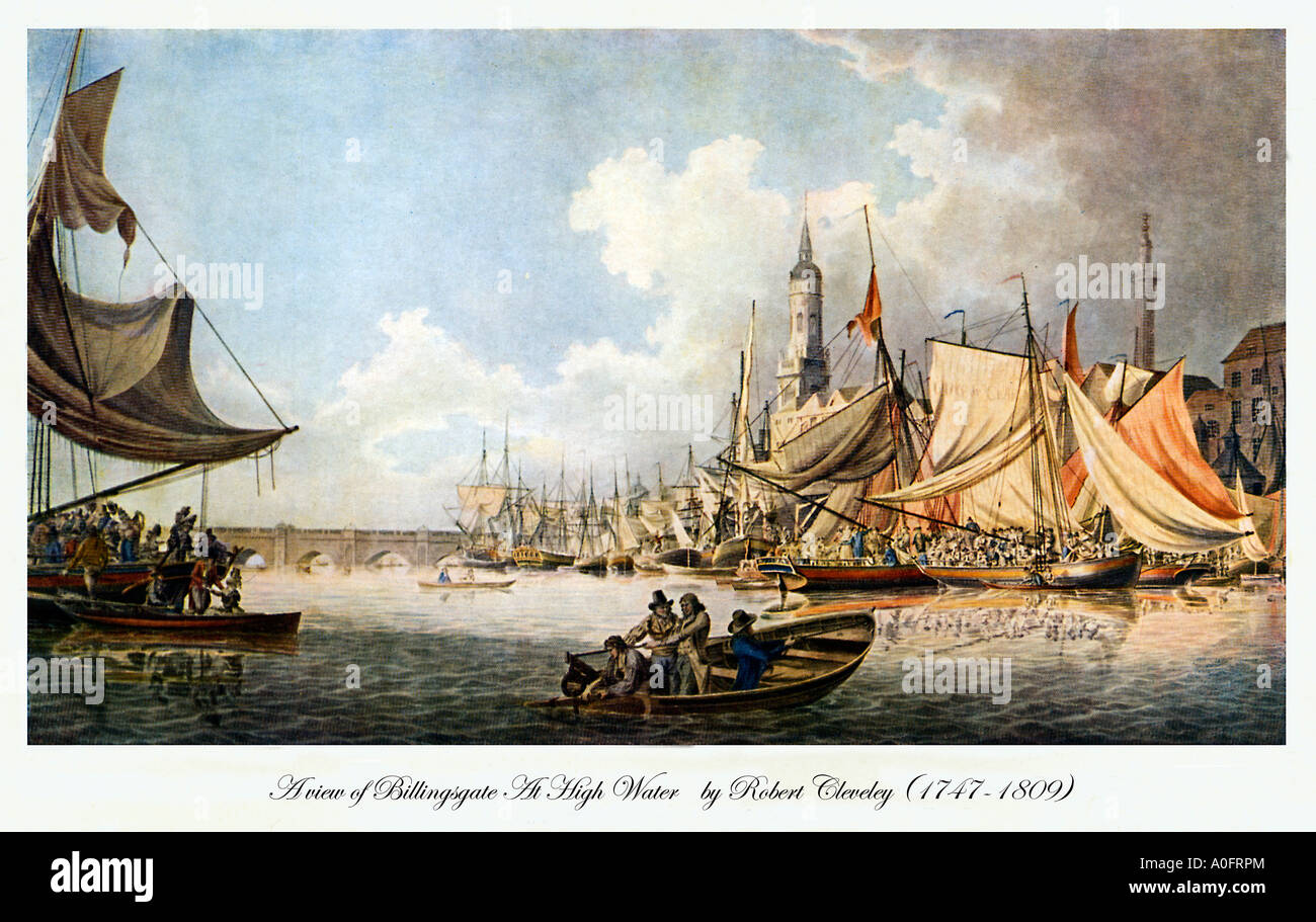 Billingsgate am hohen Wasser ein beschäftigt Szene in der georgischen Pool of London auf der Themse mit London Bridge hinter Stockfoto