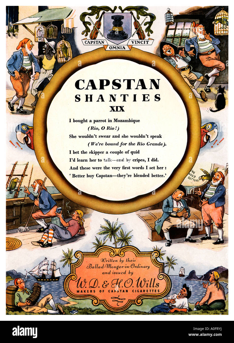 Capstan Sea Shanties 1930er Jahre Zigarette Anzeige auf die Mühen des Unterrichts des Schiffe Papageis sprechen Stockfoto
