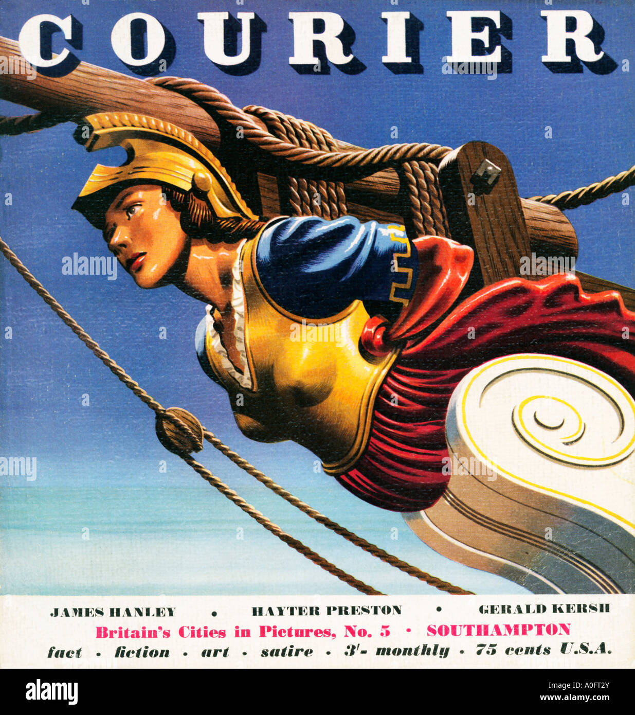 Kurier Galionsfigur Cover des britischen Magazins mit der traditionellen Statue auf dem Bugspriet eines Segelschiffes Stockfoto