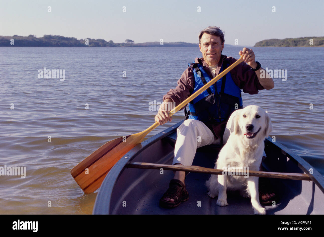 Mitte erwachsenen Mannes in einem Ruderboot mit seinem Hund Stockfoto