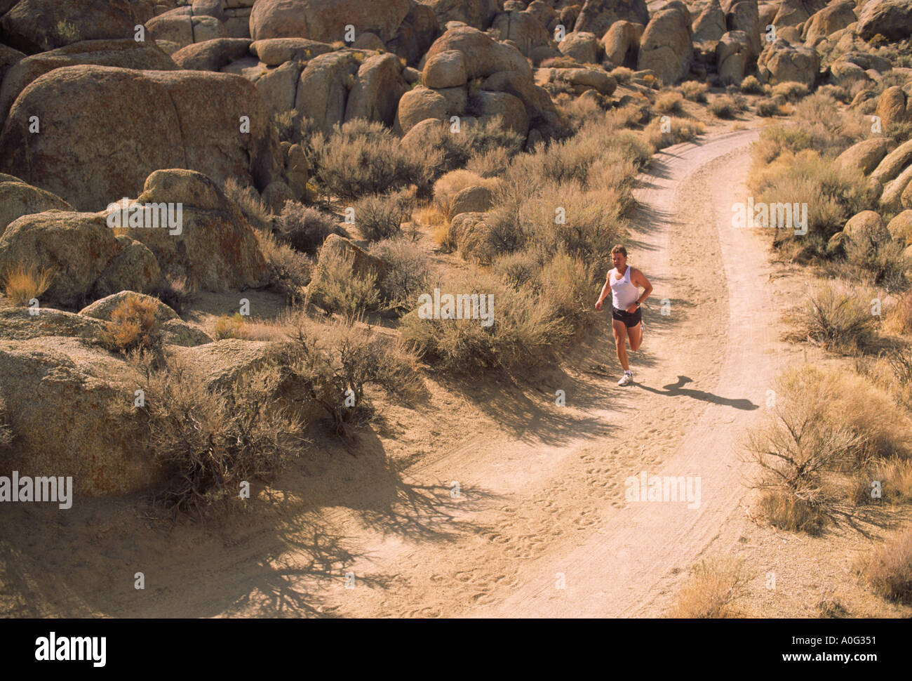 Mann läuft auf Landstraße in der Wüste Modellbild veröffentlicht Stockfoto