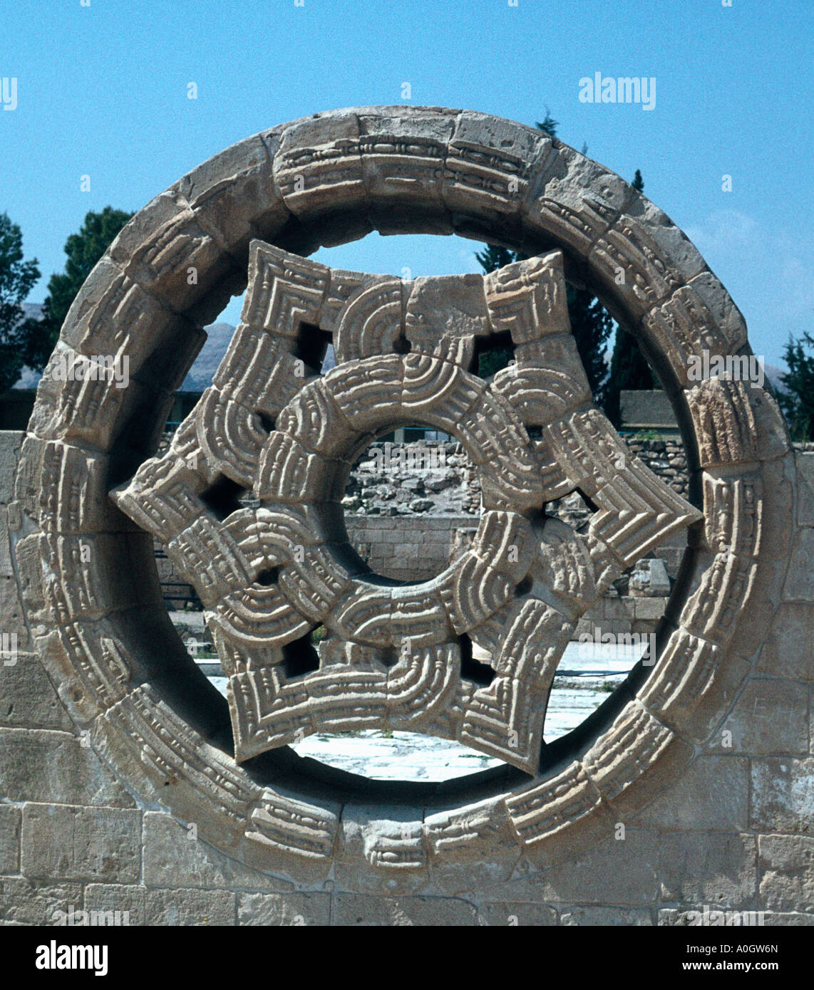 geschnitzten Mauerwerk, Khirbat al-Mafjar, Westjordanland, Palästina Stockfoto