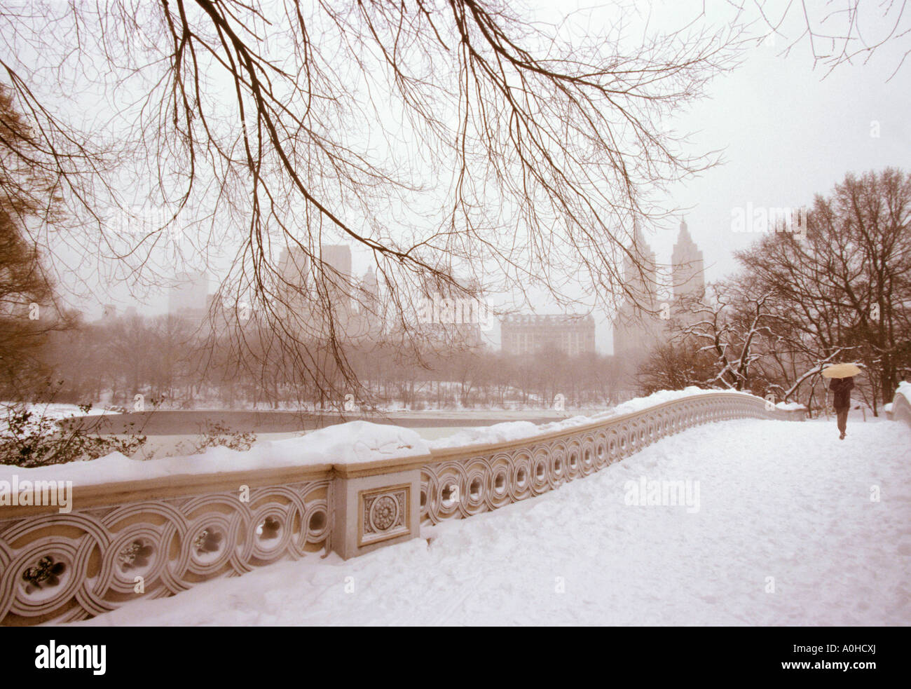 USA New York City Central Park Bogen Brücke im Schnee Stockfoto