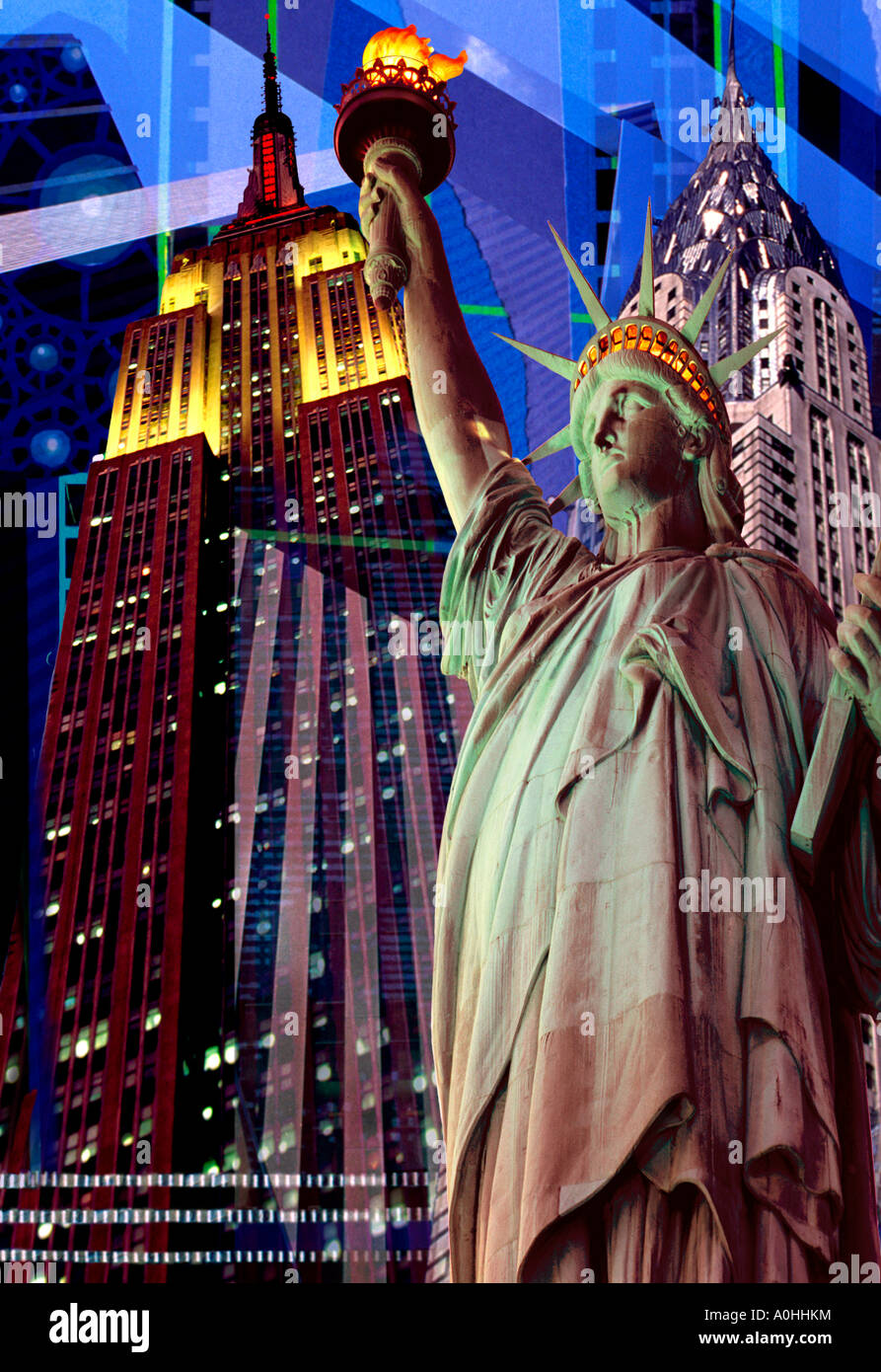 New York American Icons Empire State Building Chrysler Building Freiheitsstatue USA Nacht Stockfoto