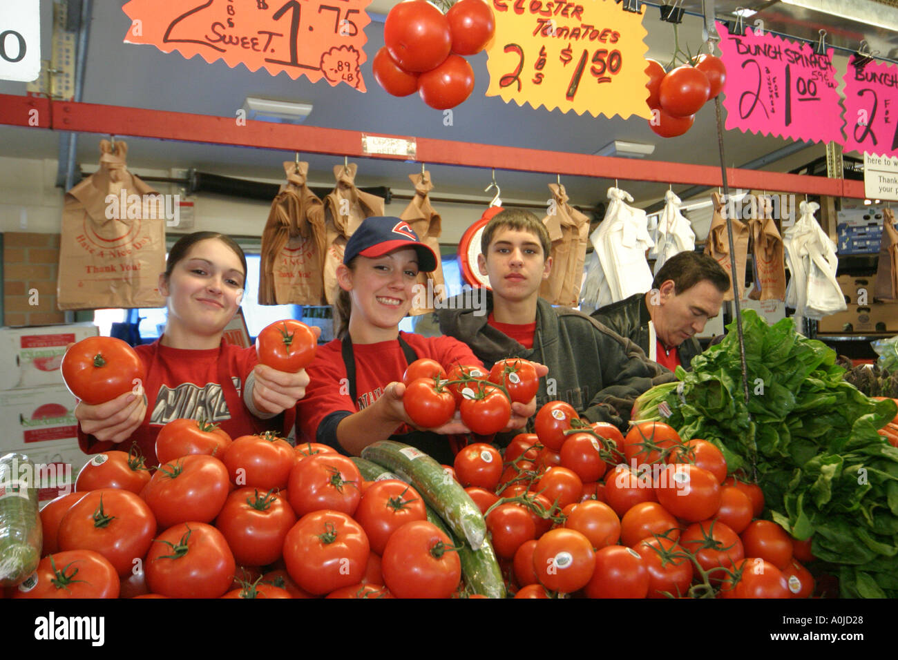 Cleveland Ohio, Westside Market, Marktplatz, Produkte, Obst, Gemüse, Gemüse, Lebensmittel, Produkte, Tomaten, Tomaten, Verkäuferverkäufer, Verkaufsstände Stand Stockfoto
