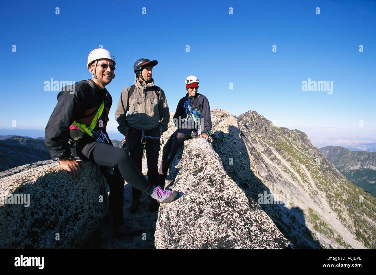 Drei Bergsteiger auf prusik Peak, Washington, USA. Stockfoto