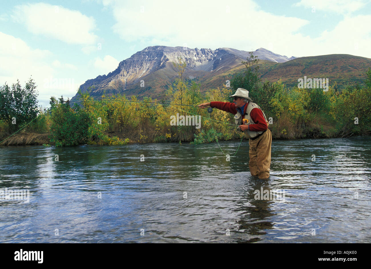 SOUTHEAST ALASKA Katmai Nationalpark Fischer Casting fliegen in Bear Creek in der Nähe von Brooks Lodge und See SÜDÖSTLICH ALASKA Katm Stockfoto