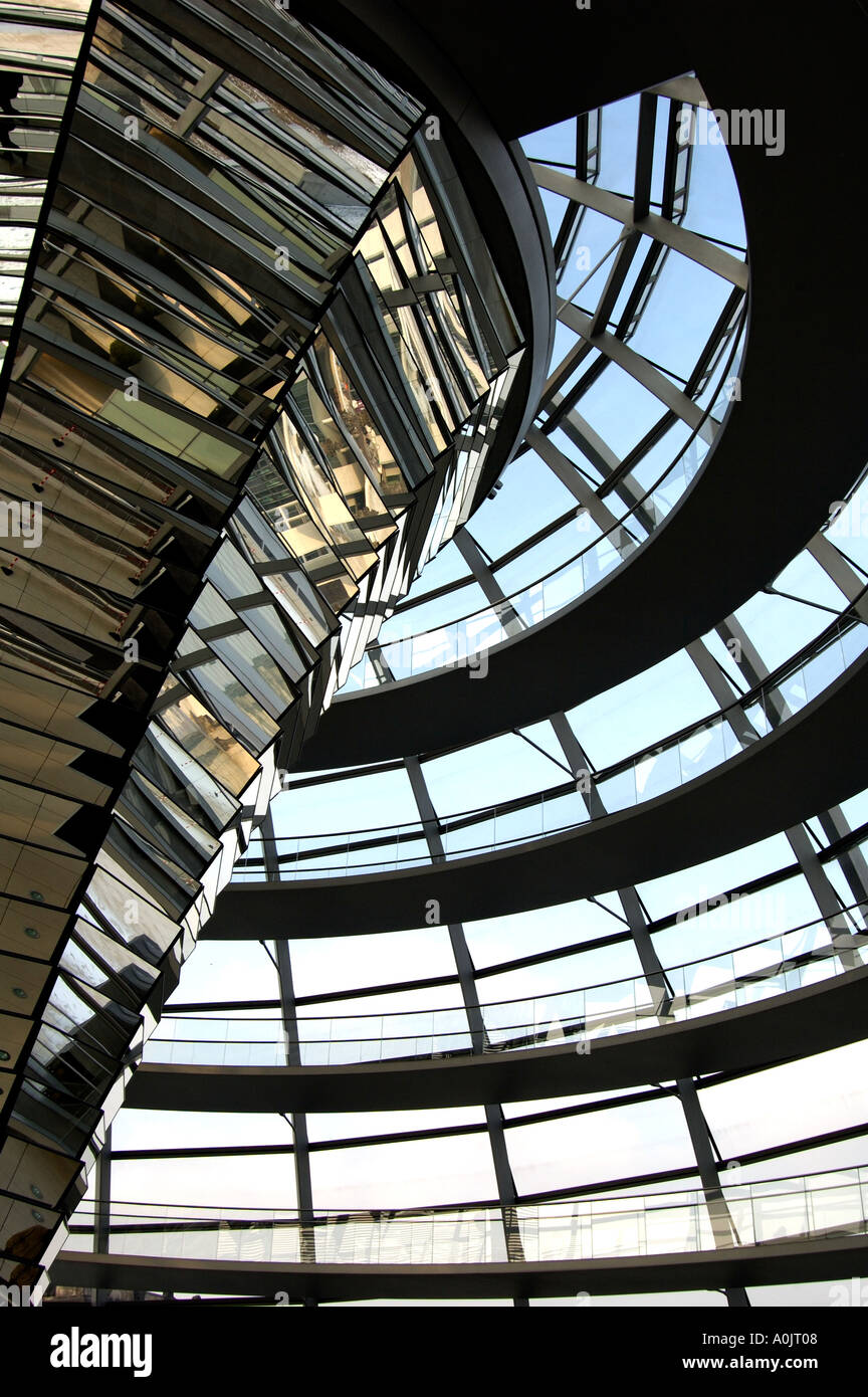 Der geneigte Besucher Rampe innerhalb der neuen Glaskuppel über dem Reichstag in Berlin Stockfoto