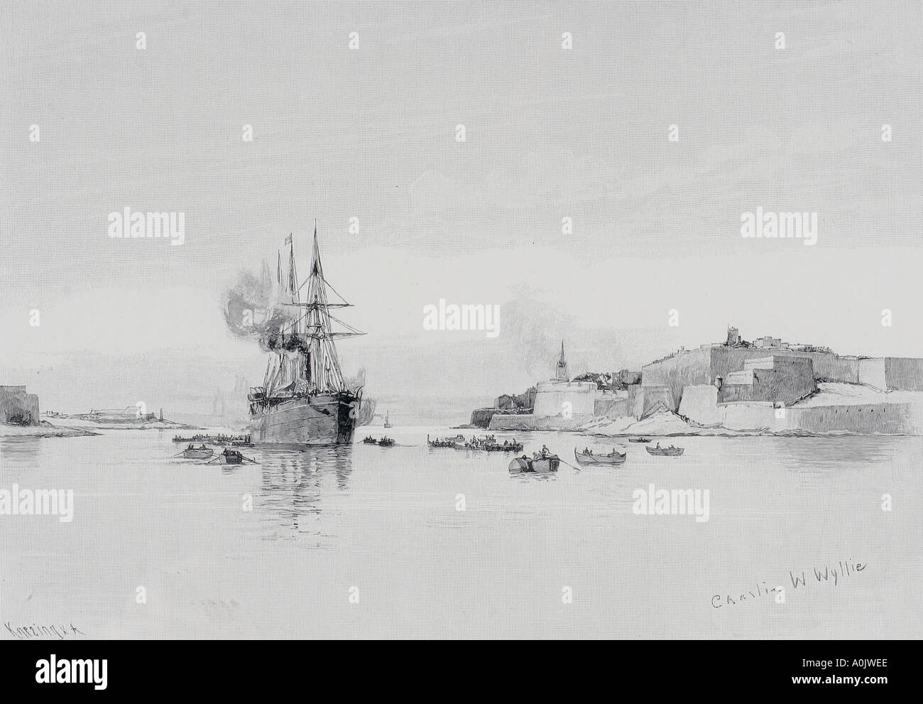 P&O Dampfer in die Quarantäne Hafen, Malta, circa 1890. Stockfoto
