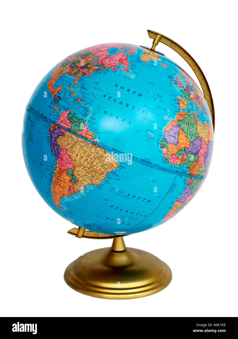 Globus zeigt Nordamerika Südamerika West-Afrika und den Atlantischen Ozean Stockfoto