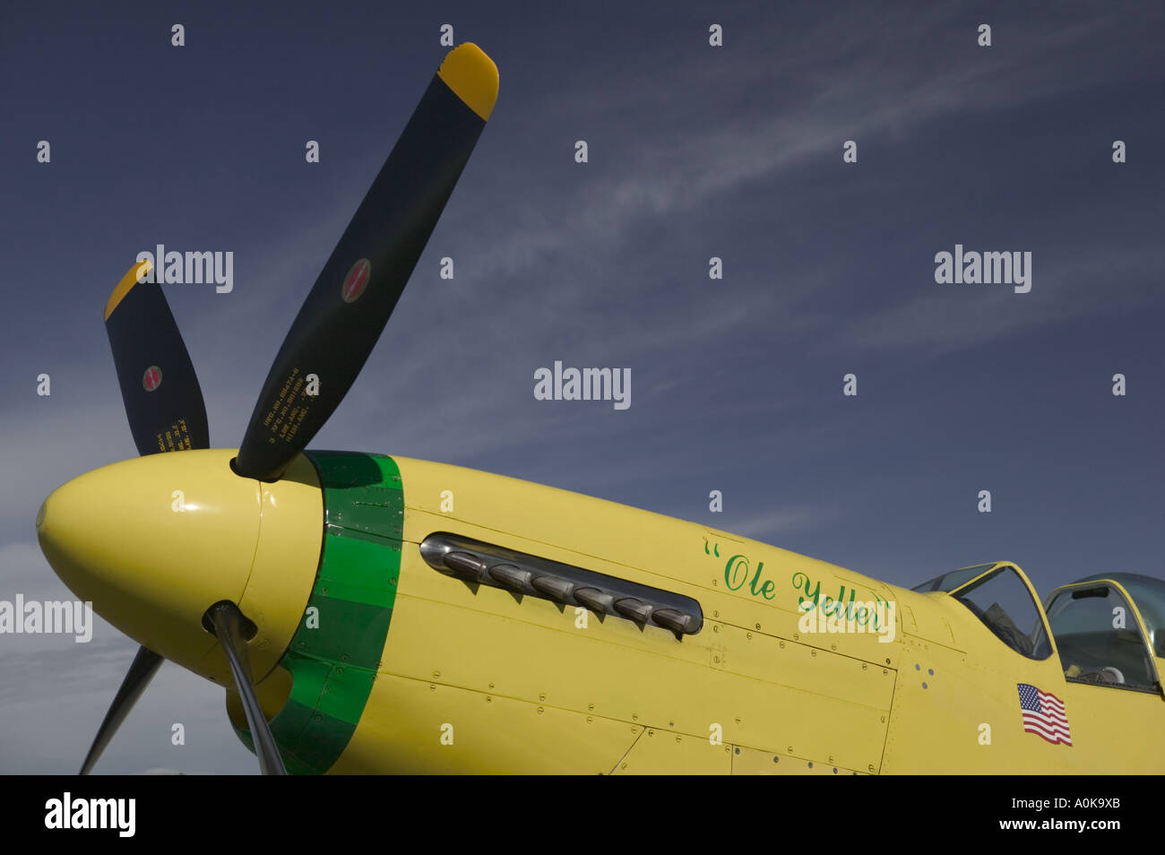 Seitenansicht des gelben Nase und Propeller von Ole Yeller, p-51 Mustang Jagdflugzeug Stockfoto