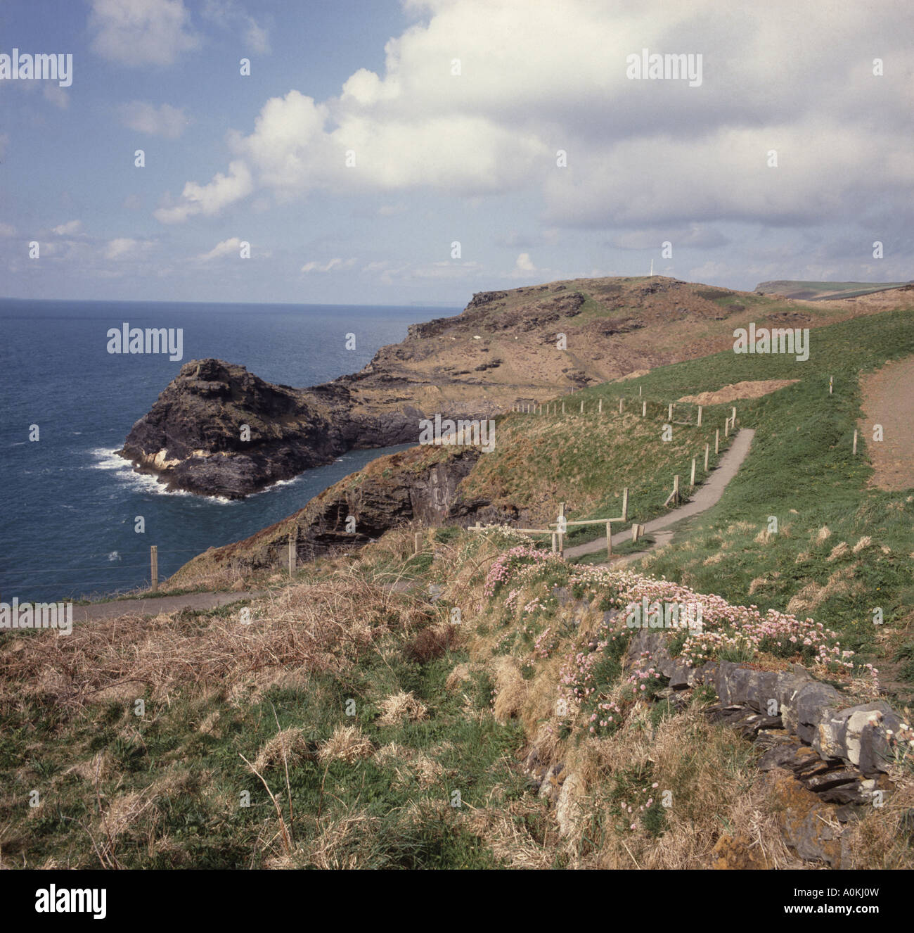 Ein Küsten Fußweg mit seiner Cornish Hecke (Stein Wand) in der Nähe des idyllischen Dorfes Boscastle mit seinem Hafen. Stockfoto