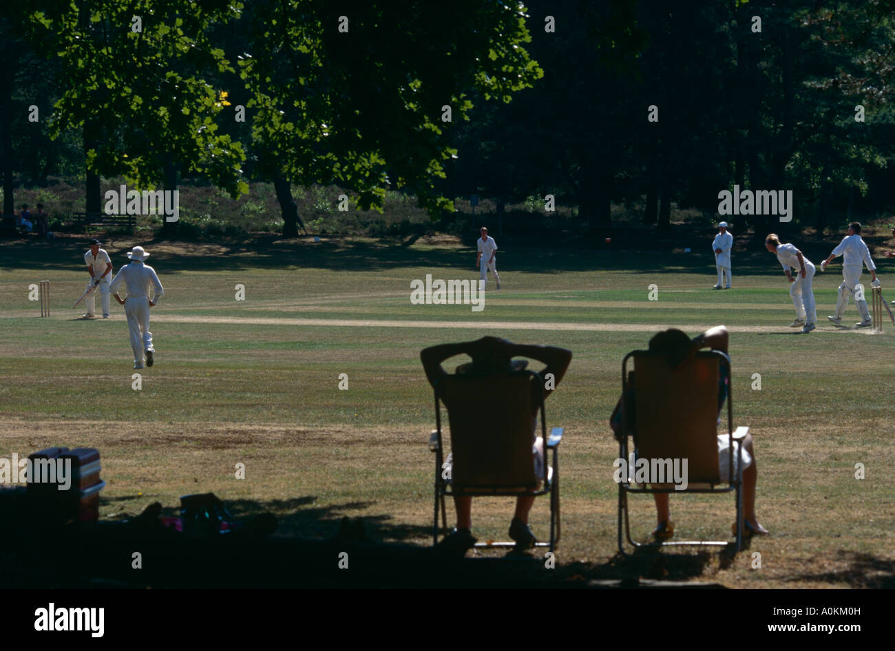 beobachtete Dorf Cricket-Match am Blackheath Guildford Surrey Stockfoto