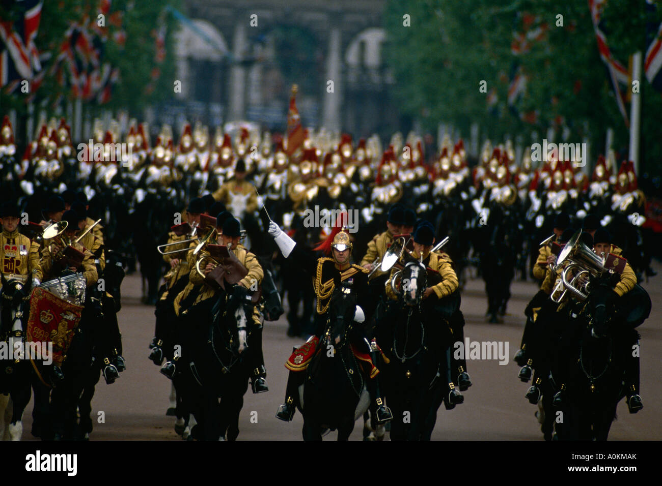 Die Band der Life Guards Household Cavalry Parade über The Mall in London, bei der jährlichen Trooping die Farbe Zeremonie im Juni Stockfoto