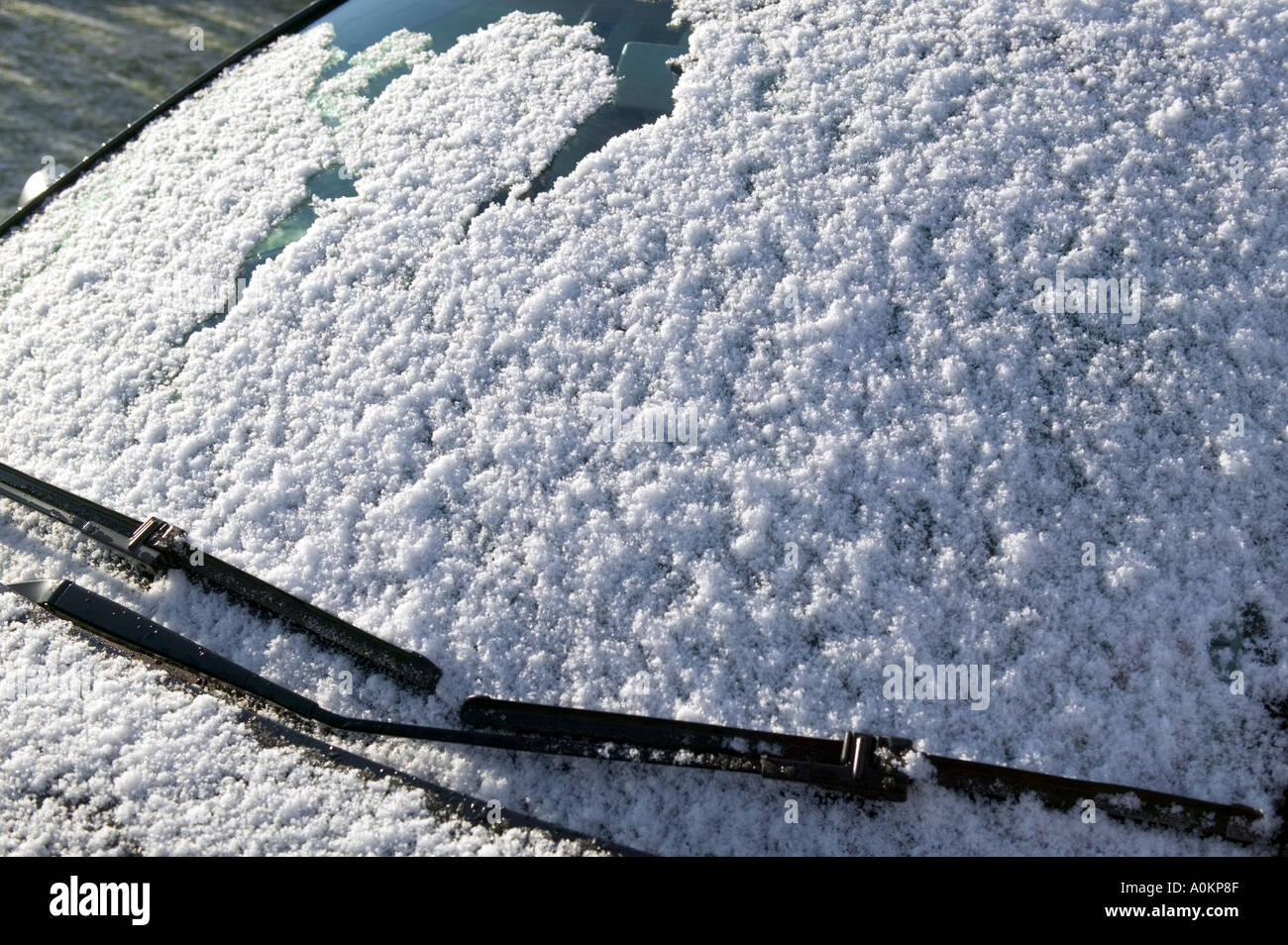 Auto Windschutzscheibe mit Schnee bedeckt Stockfoto