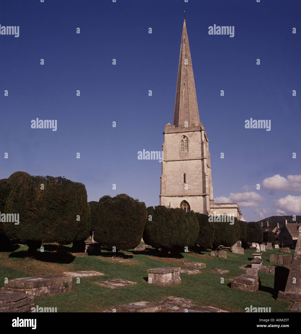 Str. Marys Kirche Painswick in den Cotswolds mit seinen Eiben nur 99 wird zu jeder Zeit wachsen, so der Legende. Stockfoto