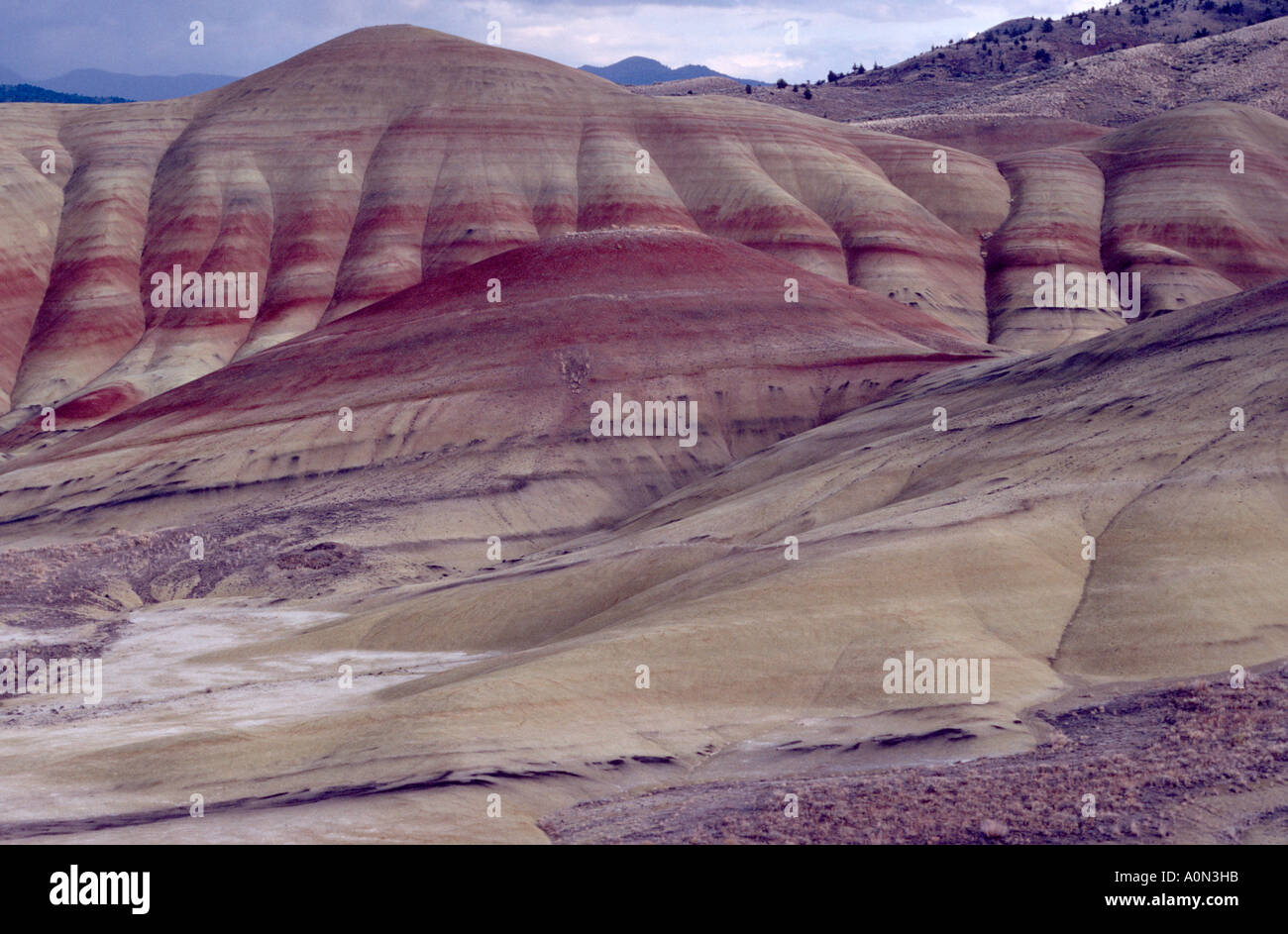 Gemalten Hügeln bedeckter Tag John Day Fossil Betten Nationaldenkmal östlichen Oregon USA Farben ändern mit der Zeit des Tages Wetter Stockfoto