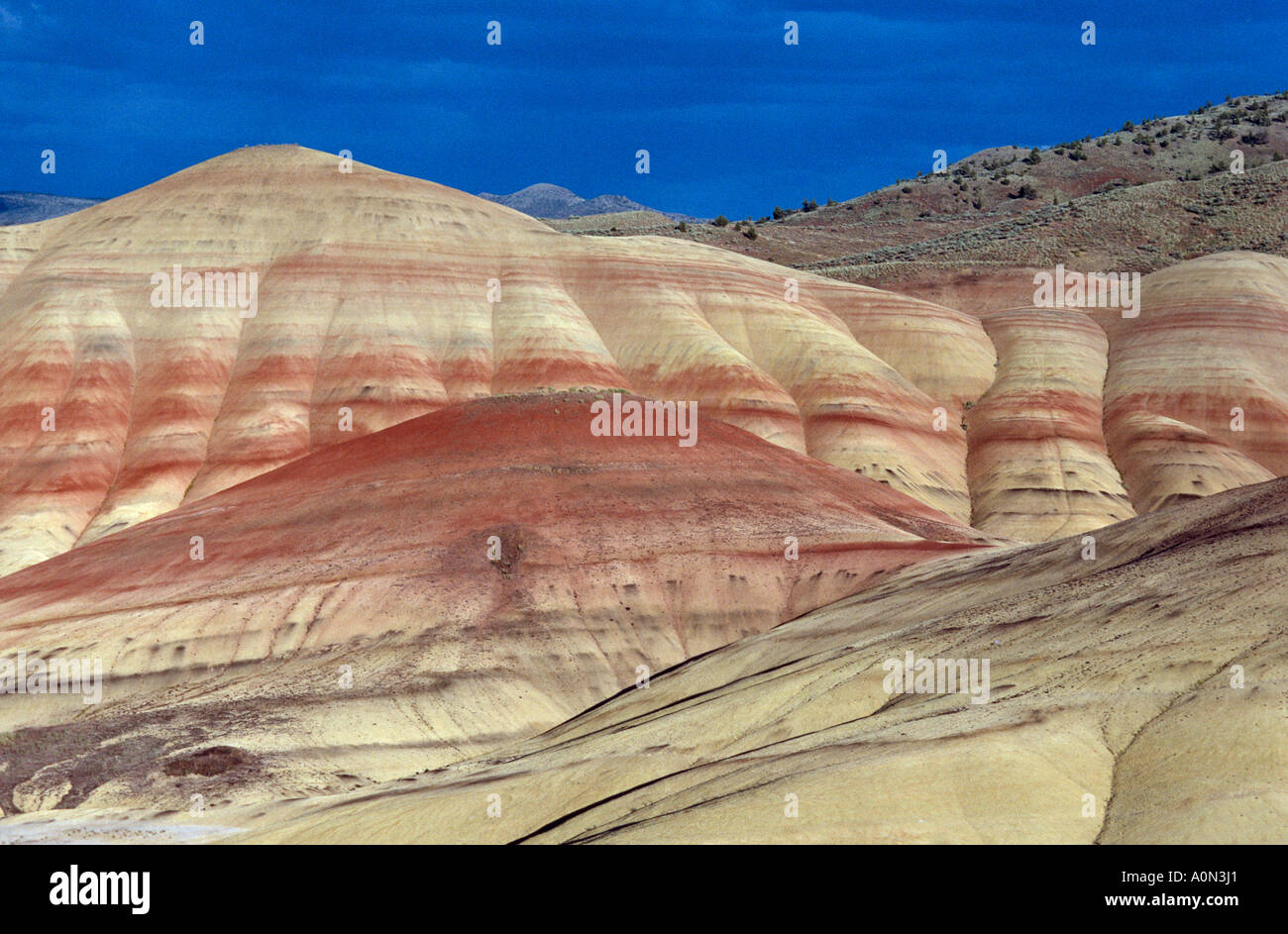 Lackfarben Hills John Day Fossil Betten Nationaldenkmal östlichen Oregon USA ändern mit der Zeit des Tages-Wetter-Feuchtigkeit-Inhalt Stockfoto