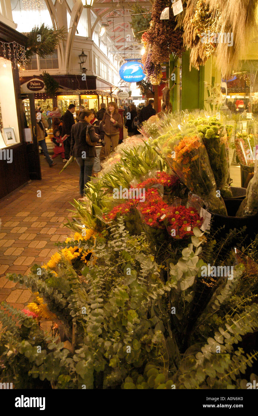 Blumen zum Verkauf für Weihnachten bei Floristen in Oxfords Markthalle Stockfoto