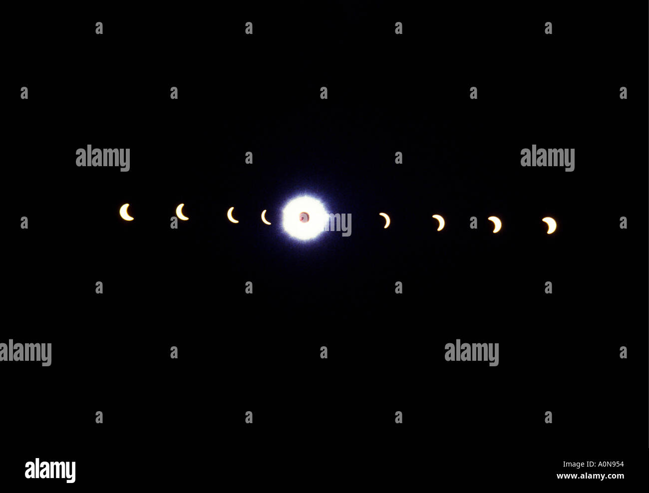 Zeit Ablauf Foto von der totalen Sonnenfinsternis die Sonne zeigt die Phasen vor, während und nach der Totalität Stockfoto