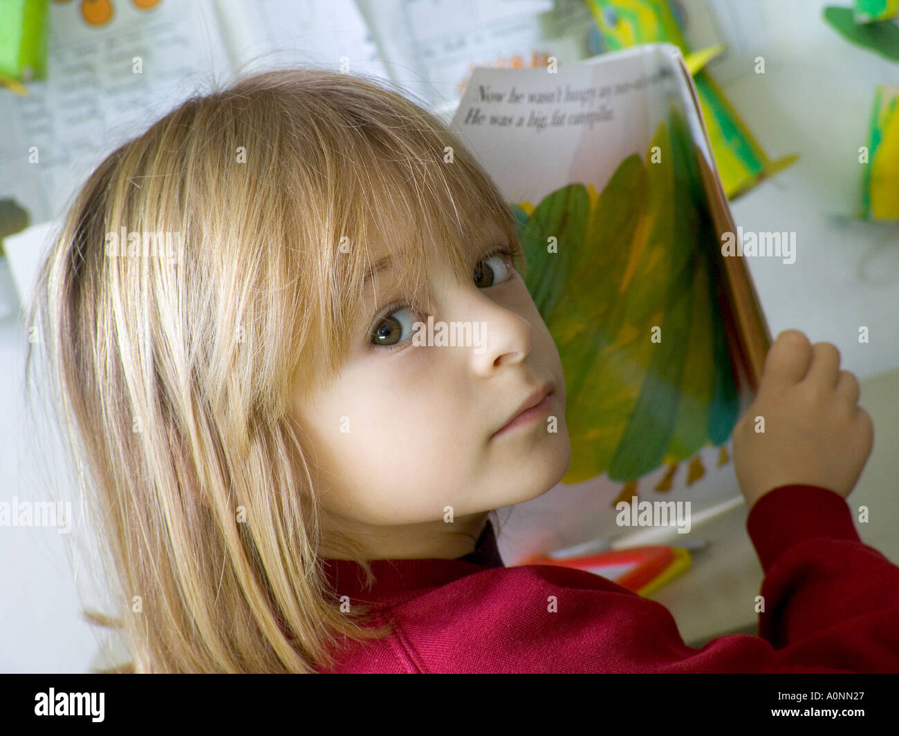 Nahaufnahme eines Säuglings Mädchen sitzen am Schreibtisch lesen über Gemüse im Kindergarten kindergarten Stockfoto